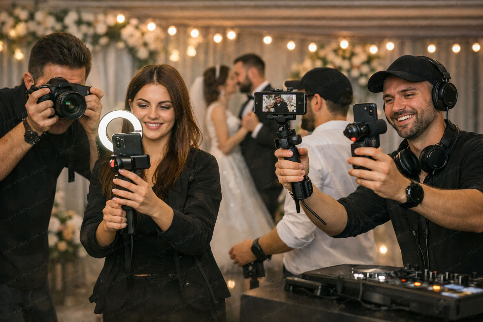 Весільний фотограф і відеограф під час весілля відволікаються на зйомку рілсів для власної реклами